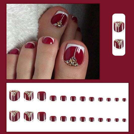 French Tip Press on Toenails for Women White Red Toe Nail Press Ons Fantasy Rhinestone Acrylic Fake Toe Nails Full Cover Classy Toenails Artificial Square Glue on Toe Nails for Wedding